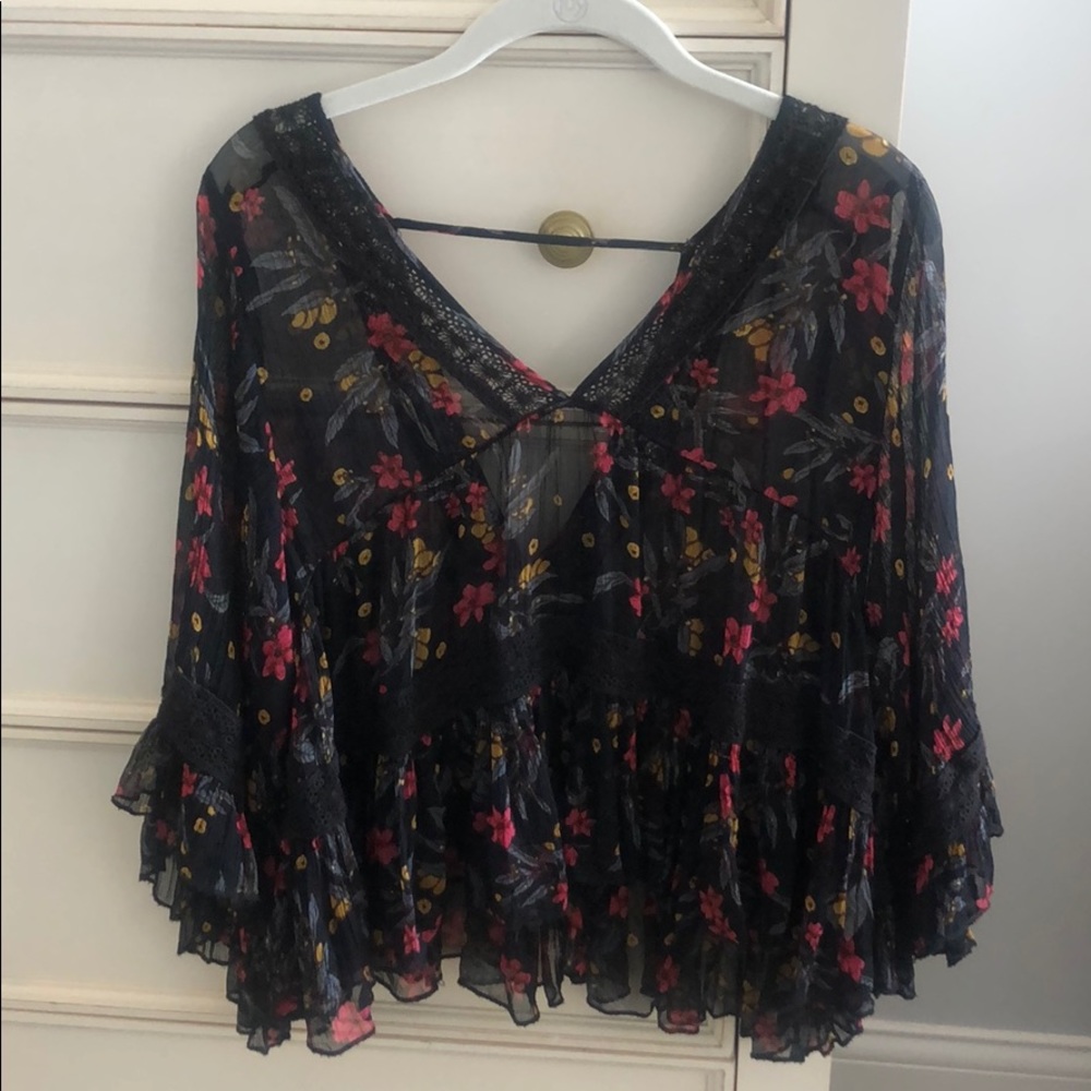 Free People Black Floral Top